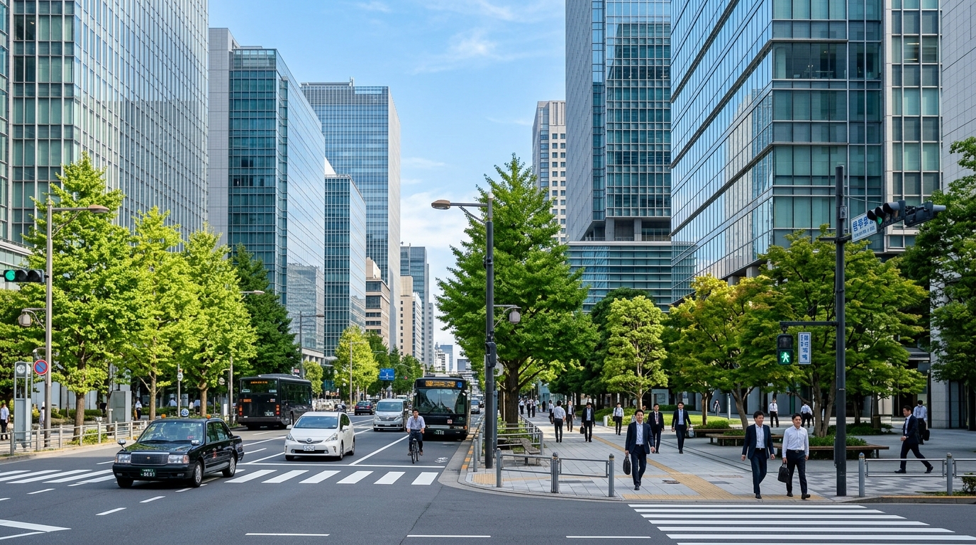 東京の洗練された近代的なオフィス街と日本のビジネスパーソン